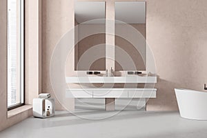 Light bathroom interior with sinks and tub, accessories and window