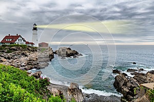 Light beam of Portland Lighthouse in Cape Elizabeth, Maine, USA