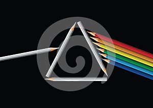 A light beam symbolically passes through a prism made of colored pencils.