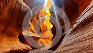 Light Beams and Orange Rock Formations in a Narrow Canyon - Generative Ai