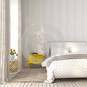 Light bedroom with yellow bedside table