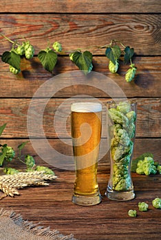 Light beer glass lager, pilsner, ale on wooden table in bar or pub, wooden background