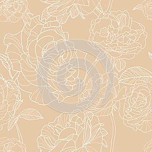 Light beige background with outline hand drawn rose flowers. Vector floral seamless pattern