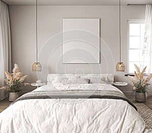 Light beige home interior wall mock up with white bed, wooden floor and dry plant in coastal bedroom. Empty picture