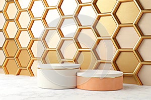 Light beige, pastel orange 3D rendering product display podium luxurious golden honeycomb abstract background with cylinder stand photo