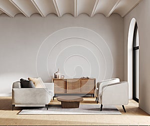 Light beige room interior, living room interior mockup, empty beige wall, Japandy style, 3d rendering