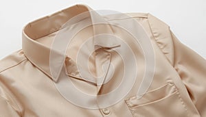 Light beige shirt with folded collar, partial placket, soft fabric texture.
