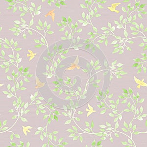 Light birds with leaves, flowers. Ditsy pastel repeated pattern. Watercolor
