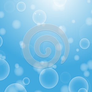 Light blue abstract background with a bokeh in the form of circles. Underwater world with air bubbles. Vector illustration