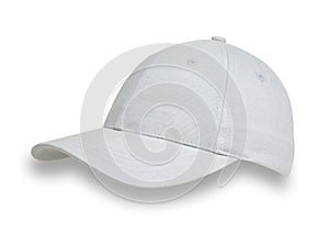 Light blue baseball cap, shot from the side, isolated on white with a drop shadow