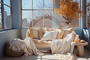 Light blue and beige interior with sofa, blanket and pillows by the window and desert view in the background. Copy space