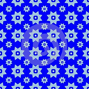 Light blue on blue with two different sized stars with squares and circles seamless repeat pattern background