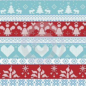 Light blue, blue, white and red Scandinavian Nordic Christmas seamless cross stitch pattern with angels, Xmas trees, rabbits, snow