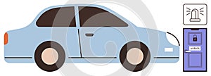 Blue Car with Security Alarm System and Unlock Button Concept