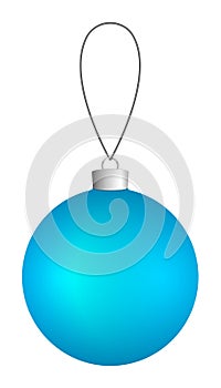 Light blue Christmas ball hanging on a thread isolated on a white background.