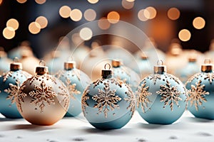 Light and blue Christmas balls on the background of bokeh lights