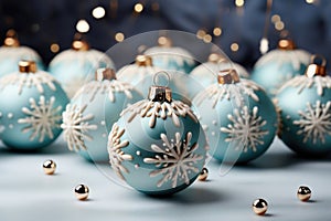 Light blue Christmas balls on the background of bokeh lights