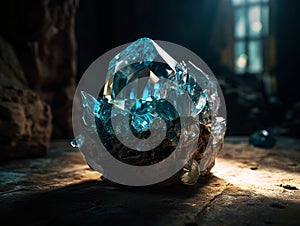 Light blue clear crystal seated on a rock. AI generated