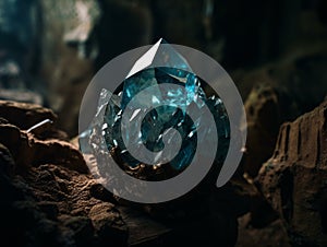 Light blue clear crystal seated on a rock. AI generated