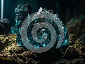 Light blue clear crystal seated on a rock. AI generated