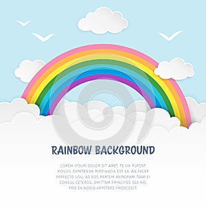 Light blue cloudscape background with birds silhouettes and rainbow. Cloudy soft landscape background.