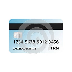 A light blue credit card featuring
