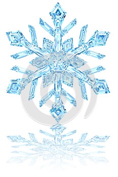 Light blue crystal snowflake on glossy white