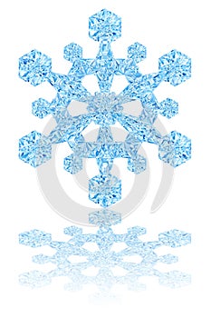 Light blue crystal snowflake on glossy white background