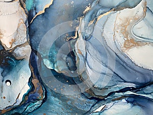 Light blue and dark blue abstract backgroud made with alcohol ink and gold pigment