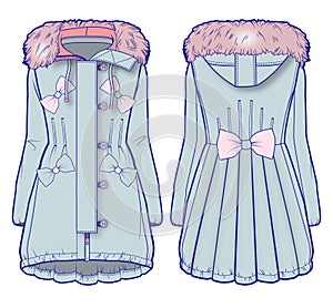 Light blue denim coat with pink fur and cute embellishment