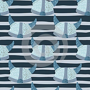 Light blue doodle viking helmet elements seamless pattern. Striped background with grey and navy blue lines