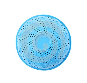 Light blue dryer ball for washing machine isolated on white, top view. Laundry detergent substitute