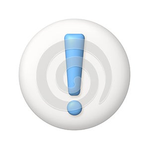 Light blue exclamation mark symbol on white button. Attention or caution sign icon. 3d realistic vector design element