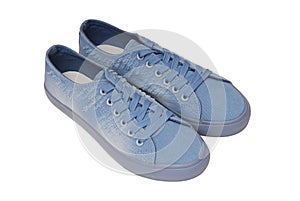 Light blue footwear, textile sneakers are on white background