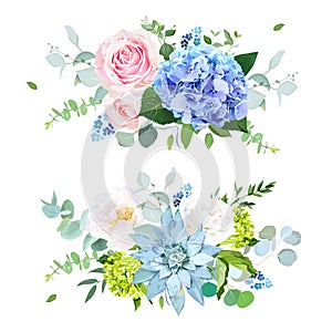 Light blue, green hydrangea, pink, white rose, succulent, forget photo