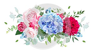 Light blue hydrangea, pink, red rose, burgundy dahlia, forget me