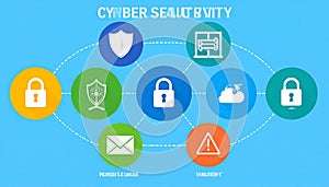 A light blue infographic depicts cybersecurity concepts via inte