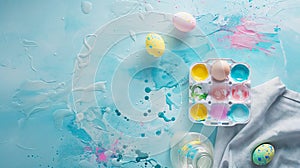 Light blue messy painted backdrop with smears, blobs and splashes, with flat lay colorful eggs in an egg carton and copy-space.