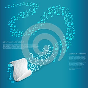 Light blue music background with white list of paper with staves and treble clef and other notes from it to far