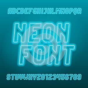 Light blue neon tube alphabet font. Neon color oblique letters, numbers and symbols.