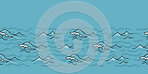 Light blue ocean waves seamless vector border pattern. Hand drawn seaside beach water ribbon. Wavy aqua edging trim