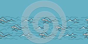 Light blue ocean waves seamless vector border pattern. Hand drawn seaside beach water ribbon. Wavy aqua edging trim. Seafaring