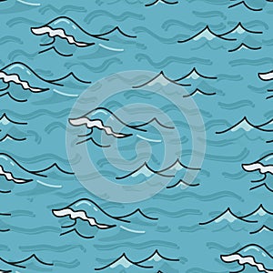 Light blue ocean waves seamless vector pattern. Hand drawn seaside beach water tile. Wavy aqua all over print for