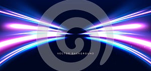 Light blue and red cuved rays glowing on dark blue background. High speed motion moving concept