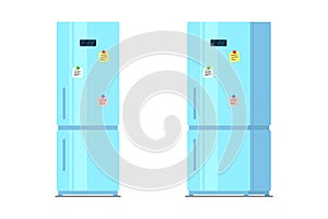 Light blue refrigerator with magnet notes front and side view. Vector fridge illustration isolated