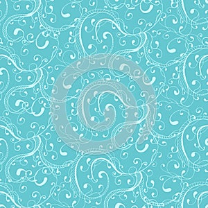Light blue seamless abstraction, curls and spirals. Vector water endless pattern