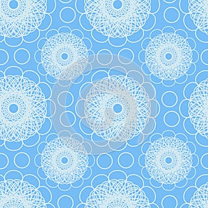 Light blue seamless pattern with abstract flowers and circles. Vector