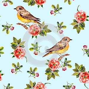 Light blue seamless pattern with dog roses and birds