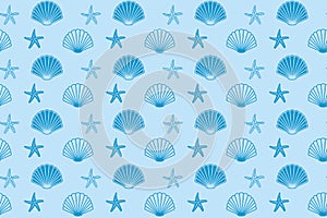 light blue seamless pattern with seashells and starfish - vector decorative background