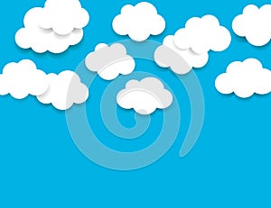 Light blue sky with fluffy white clouds background. Paper cartoon clouds with shadow. Can be used as border, icon, sign